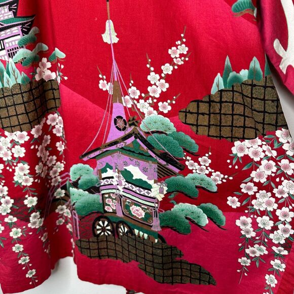 Made In Japan Red Floral Pagoda Multicolor Japanese Kimono and Matching Belt OS - Picture 11 of 15